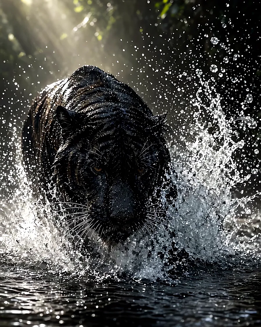Un tigre noir entre dans l'eau, la nuit