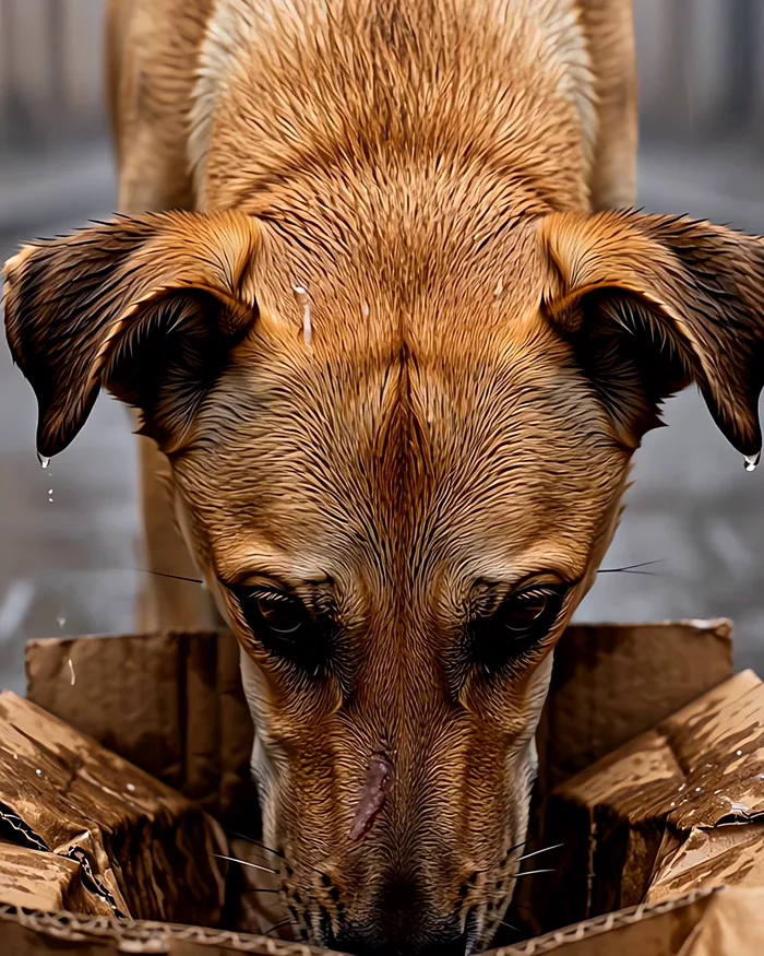 Un chien la tête dans un carton